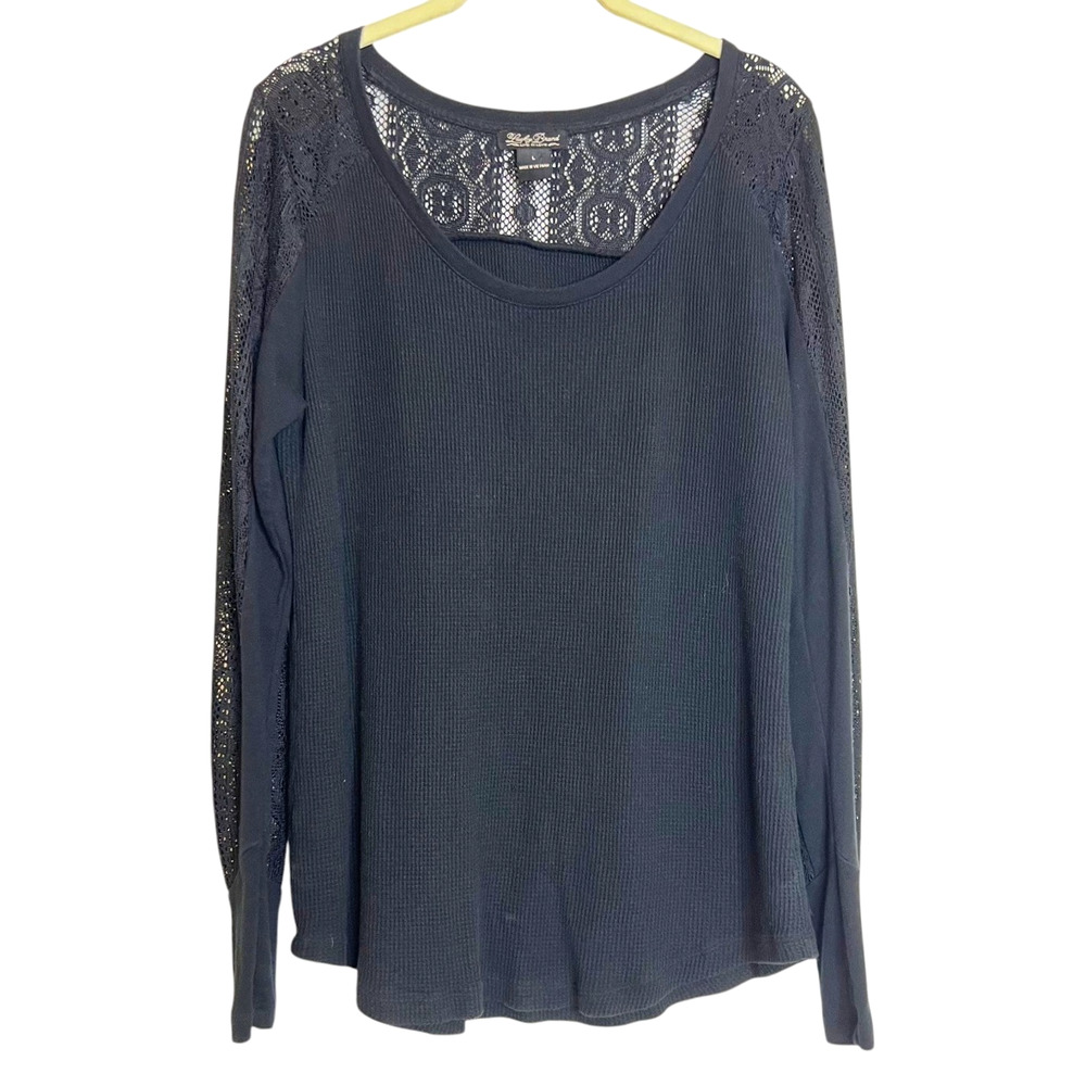 Lucky Brand Womens Thermal Knit Top Lace Sleeve Large Black Cotton